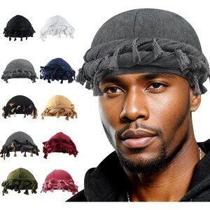 ⚡Men Women 1 Pcs- Grey Satin Head Wraps Skull Cap Tassels Braid Beanie Turban